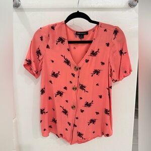 Something Navy Pink Button-Up Blouse With Floral Design